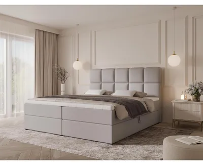Produktbild von 160 cm Boxspringbett PUFFY mit gestepptem Kopfteil, Taschenfederkernmatratze H3/H4, 2 Bettkästen, Bouclé/Velvet, ohne Topper