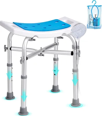 Zdjęcie produktu dla Taboret prysznicowy krzesło prysznicowe 405-480 mm regulowana wysokość, taboret kąpielowy siedzisko wannowe 226,8 kg nośność, stabilny taboret prysznicowy pomoc w kąpieli rama ze stopu aluminium, siedzisko prysznicowe taboret kąpielowy niebieski