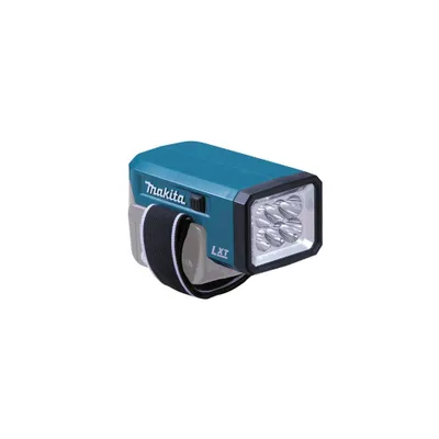 A teal and gray Makita LED flashlight with a black strap is shown against a white background.