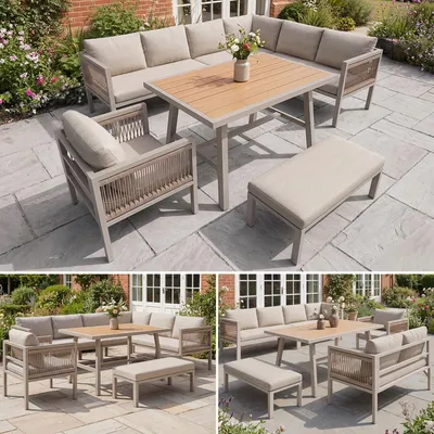 Produktbild von 6-teiliges Gartenlounge-Set – Ecksofa mit Tisch & Hocker, wetterfestes Stahlgestell, strapazierfähige Sitzkissen, Outdoor Lounge für Balkon & Terrasse, Grau/Beige