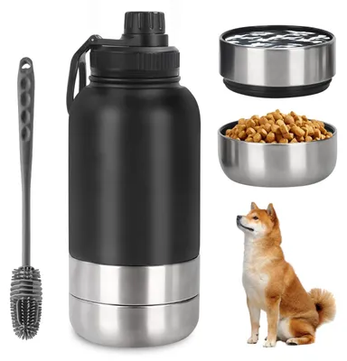 Image de Gourde pour chiens à emporter - 950 ml, en acier inoxydable isotherme avec gamelles - Noir
