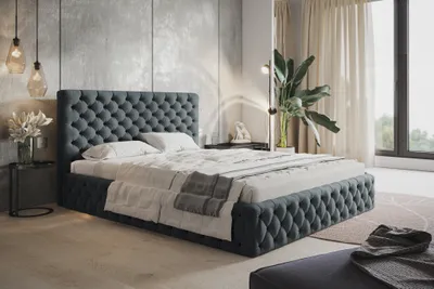 Obrázok produktu pre Čalúnená posteľ 180x200 Furis - posteľ Chesterfield - zásuvka, zamatová látka, lamelový rošt - manželská posteľ Glamour (tmavosivá - Jasmine 96)