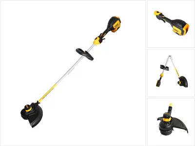 A DeWalt cordless string trimmer is shown against a white background. The image is composed of a main, larger view of the trimmer and three smaller inset views showing different angles or components of the trimmer.