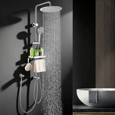 Produktbild von Homelody Duschsystem ohne Armatur, Duschset Duschsäule mit SUS304 Edelstahl Duschablage 30cm kopfbrause & Handbrause 5 Strahlarten Rund Chrom