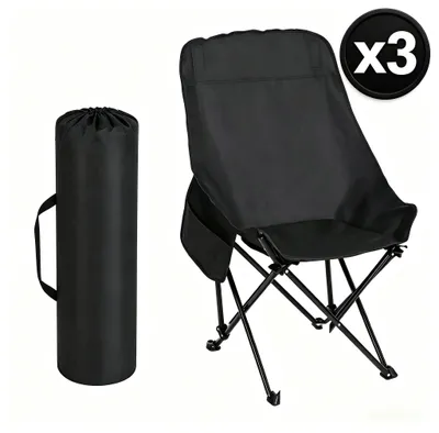 Produktbild von 3er-Set Faltstuhl Strandstuhl Campingstuhl - Angelstuhl & Wanderstuhl faltbar, 120kg belastbar mit hoher Rückenlehne & Tragetasche, Schwarz