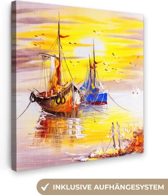 Produktbild von MuchoWow® - Leinwandbilder - Malerei - Boot - Wasser - Ölfarbe, Wandbild, Wanddeko Bilder Wohnzimmer, 20x20 cm