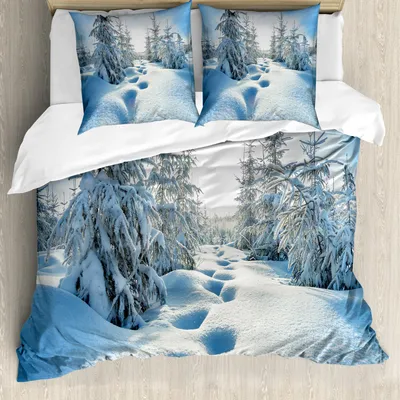 Produktbild von ABAKUHAUS Winter Bettbezug Set, Winter-Landschaft mit Wald und blauem Himmel bereifte Baum-Abdruck-Saisonnatur, 200 x 200 cm + 80 x 80 cm, Blau Weiss