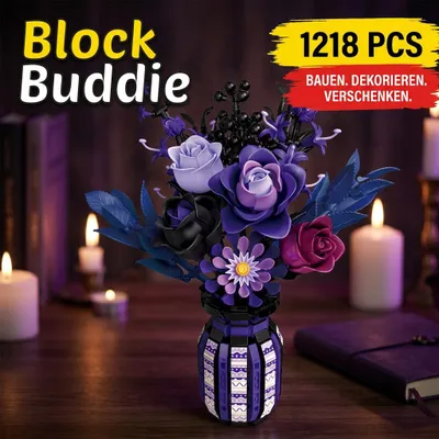 Produktbild von BlockBuddie Dark Romantik Blumen Bouquet mit Vase - 1218 Teile Klemmbaustein Set Gothic Deko