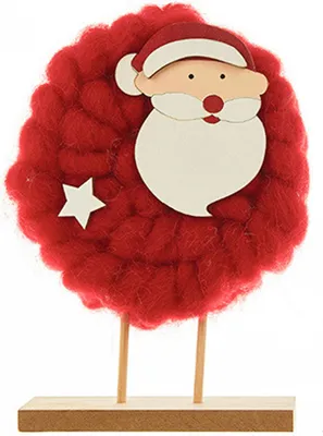 Produktbild von Weihnachtstischdekoration: Plüsch-Rentier-Weihnachtsmann-Figur aus Wollfilz mit Holzsockel für winterliche Etageren und Kaminsimse.
