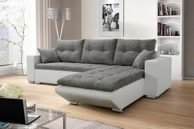 Produktbild von Ecksofa Sofa NINO mit Schlaffunktion Weiss-Grau Ottomane Rechts