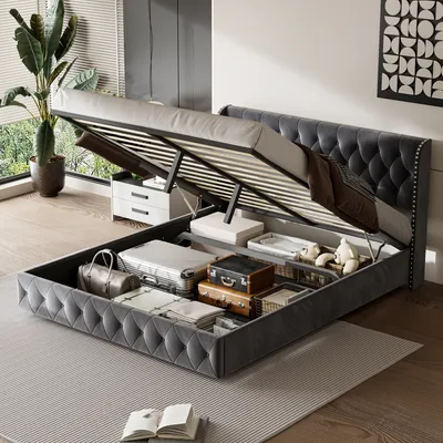 Image de CDGlobal Lit rembourré 160x200cm avec sommier à lattes, lit boxspring hydraulique avec coffre de lit et espace de rangement, velours lit double lit de rangement lit fonctionnel, gris