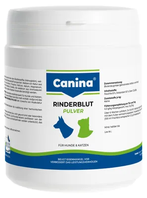 Produktbild von Canina RInderblutpulver 250 g, Hund, Puder, Adult, Kalzium, Kupfer, Eisen, Magnesium, Manganese, Phosphorus, Kalium, Natrium, Zink, Topf, 250 g