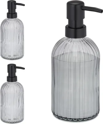 Produktbild von Relaxdays Glas Seifenspender, 3er Set, Pumpkopf, nachfüllbar, Badezimmer, Küche, Flüssigseifenspender, 400 ml, schwarz