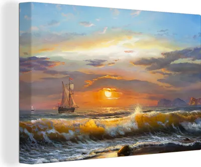 Produktbild von OneMillionCanvasses® - Leinwandbilder - 150x100 cm, Malerei - Wasser - Segelboot - Ölfarbe, Wandbilder Kunstdruck Wanddekoration - Foto auf Leinwand - Gemälde auf Holzrahmen