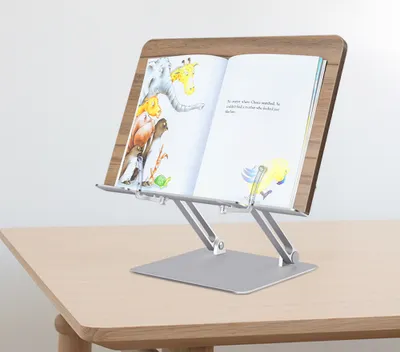 Zdjęcie produktu dla Stojak na książki Woward Stojak do czytania Stojak na laptopa Aluminium + materiał drewnopochodny Regulowana wysokość