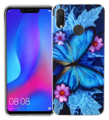 A smartphone with a decorative case featuring a blue butterfly and flowers.