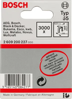 Obrázek produktu pro Bosch 2 609 200 227, Balík svorek, 2,3 cm, Upevnění, 6 mm, 3000 svorek, 6 x 1,08 x 23 mm