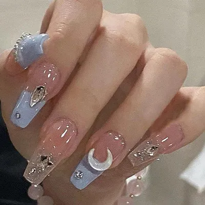 Produktbild von Kunstnagels 24 Stück blaues Sternenmuster mit Jellykleber