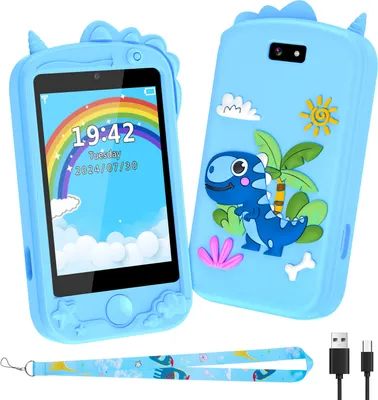 A blue toy smartphone with a dinosaur theme, shown from the front and back, along with a charging cable and lanyard.