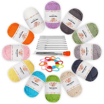 Image de Lot de fil à tricoter épais, avec accessoires, 12 pelotes de 50g, couleurs variées, composition : coton/nylon, idéal pour les débutants