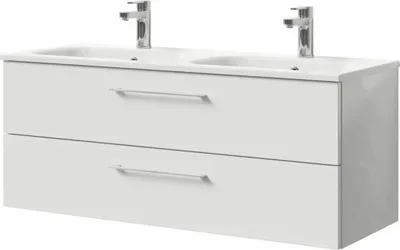 Produktbild von Pelipal Badmöbel-Set Sunline 121 BxHxT 121 x 50 x 46 cm Frontfarbe weiß hochglanz mit Mineralguss-Doppelwaschtisch und W