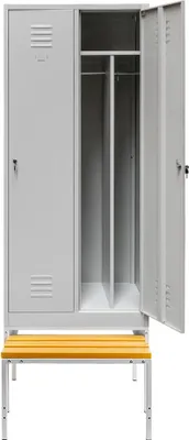Zdjęcie produktu dla Szafka ubraniowa BHP socjalna metalowa Mega-M J-80 na podstawie z wysuwaną ławeczką dwudrzwiowa z przegrodami szara 80x80x223cm skręcana