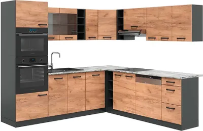 Produktbild von Eckküche Vicco R-Line Anthrazit/Goldkraft Eiche 247 x 60 cm , AP Marmor, Model 42967