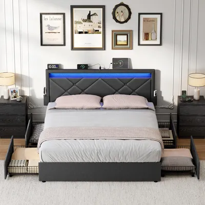 Produktbild von VASAGLE Doppelbettgestell, Bettgestell, 180 x 200 cm, LED, Metallbett, 4 Schubladen, Ladestation, verstellbares gepolstertes Kopfteil, Schiefergrau