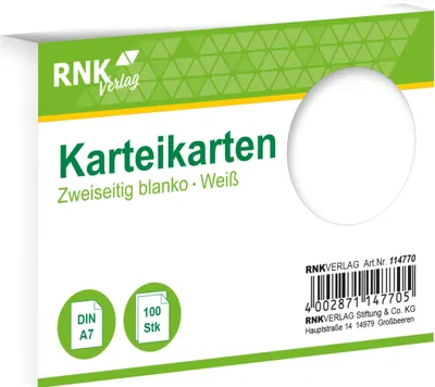 Obrázok produktu pre RNK Verlag 114770 Indexové karty - DIN A7, prázdne, biele, 100 kariet