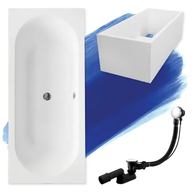 Zdjęcie produktu dla Wanna Akrylowa Zestaw 4w1 Prostokątna 180x80 Biała + Styropianowy Nośnik Stabilizujący, Nowoczesny Syfon i Nogi (stelaż) w komplecie | BADLAND VITAE