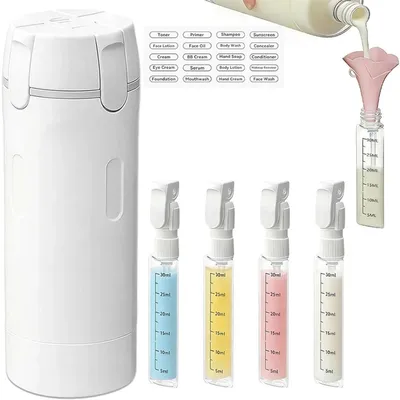 Produktbild von 4-in-1 Reise Spender Flaschen Set - Auslaufsicher & Wiederbefüllbar - Reiseset für Shampoo, Lotion, Creme & Conditioner - Weiß