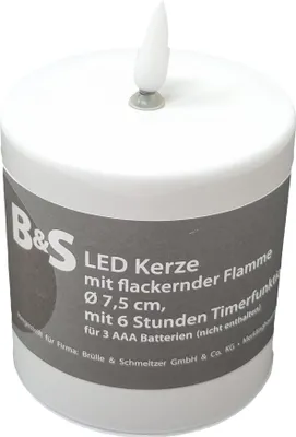 A white LED candle with a flickering flame on a white background.