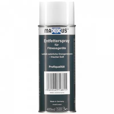 Produktbild von MAXXUS Entfetterspray - für Fitnessgeräte, 400 ml, Neutraler PH Wert, Wirkstoff auf natürlicher Basis, Zitrusduft - Fettlöser, Sprühdose, Universalreiniger, Fettentferner, Ölentferner, Cleaner
