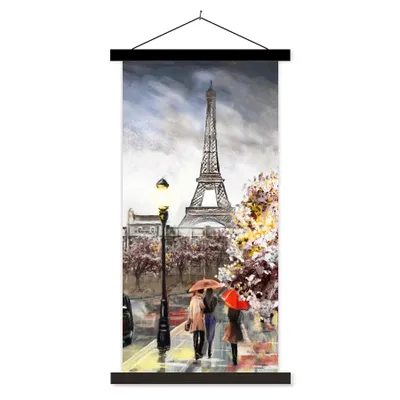 Produktbild von MuchoWow® Textilposter Gemälde - Paris - Frankreich - Öl 60x120 cm mit schwarzem Rahmen - Magnete