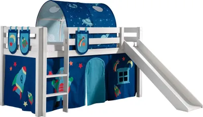 Produktbild von Vipack Spielbett Pino inkl. Rutsche mit Textilset Vorhang, Tunnel und 3 Taschen "Astro" Kiefer massiv weiß lackiert