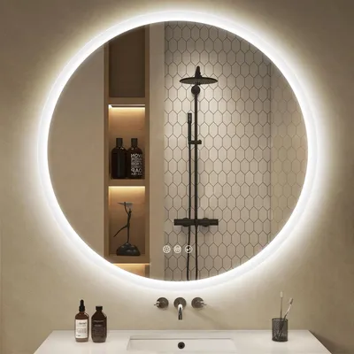 Zdjęcie produktu dla Okrągłe lustro do łazienki z oświetleniem, średnica 90 cm, Bluetooth, funkcja antyfogowa, możliwość regulacji jasności (3000K-6500K), klasa szczelności IP44