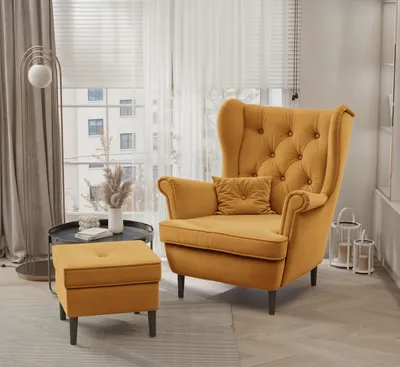 Produktbild von Idohome - Ohrensessel mit Hoker SCANDI im skandinavischen Stil, Farbe: Senfgelb Trinity 26