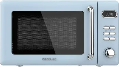 A light blue retro-style microwave oven is shown against a light blue background.