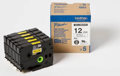 Produktbild von Brother HGE-631V5 - Schwarz auf Gelb - Rolle (1,2 cm x 8 m) 5 Kassette(n) laminiertes Band - für P-Touch PT-9500pc, PT-9700PC, PT-9800PCN