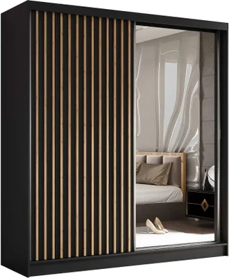 Produktbild von AGMAT Schwebetürenschrank Nevada, Kleiderschrank mit Spiegel und 2 Türen, Moderne Garderobe in Farbe: Schwarz, Schrank in Größe: 200 x 216 x 61 cm