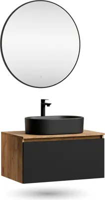 Produktbild von Planetmöbel ARISA Badmöbel Set Schwarz Geriffelt – Mit Veluna LED Spiegel und weißem Keramik-Aufsatzwaschbecken 55 cm