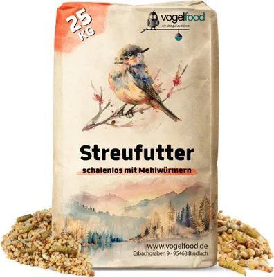 A bag of bird seed with a watercolor illustration of a bird and a mountain landscape.