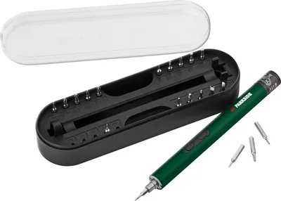 A set of precision screwdrivers and bits in a case.