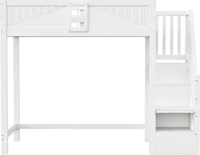 Produktbild von Weiss Massivholz-Hochbett 90x200cm Ohne Matratze Einzigartige Sicherheitstuer Fenster Seitliche Ablageleiter Rechts Austauschbar Multifunktionsbett