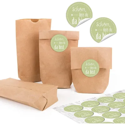 Produktbild von 24 kleine braune Papiertüten natur Kraftpapier 9 x 15 x 3,5 cm + 24 runde SCHÖN DASS DU DA BIST pink BUNT türkis blau grün gelb weiß Verpackung mini-Tüte GeschenkHellgrün