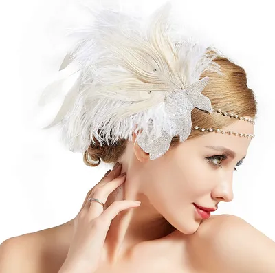 Produktbild von 1920s Stirnband Feder Damen 20er Jahre Stil Haarband Damen Fasching Kostüm Accessoires (Weiß)
