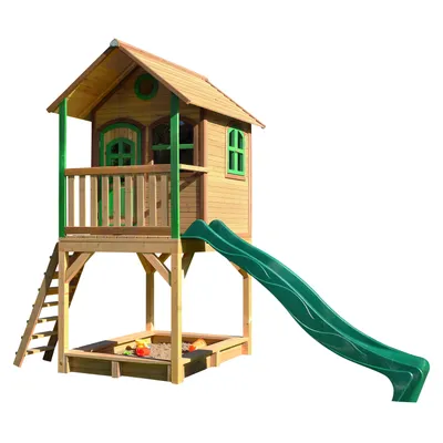 Produktbild von AXI Spielhaus Sarah mit Sandkasten & grüner Rutsche | Stelzenhaus in Braun & Grün aus Holz für Kinder | Spielturm mit Wellenrutsche für den Garten