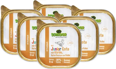 Produktbild von 6 x 200g - Schecker Nassfutter - Hundemenü - Junior Ente mit Kürbis, Haferflocken und Vollei