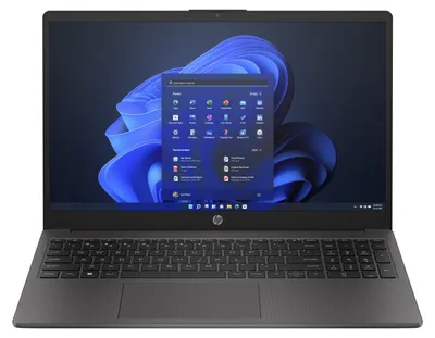 A laptop computer is shown from the front, open and displaying its screen.