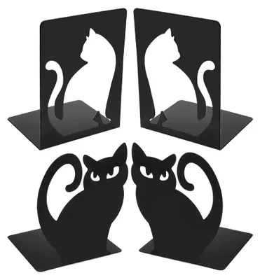 Produktbild von 2 Paar Buchstützen aus Metall in Katzenform, rutschfest, schwarz, für Bücher, DVDs, Regal, Büro, Bibliothek, Zuhause und Schule